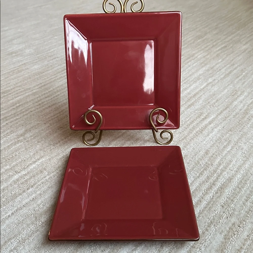 Set of 2 POTTERY BARN CHINA Salad Appetizer Plates Asian Square Paprika (Red) 8”